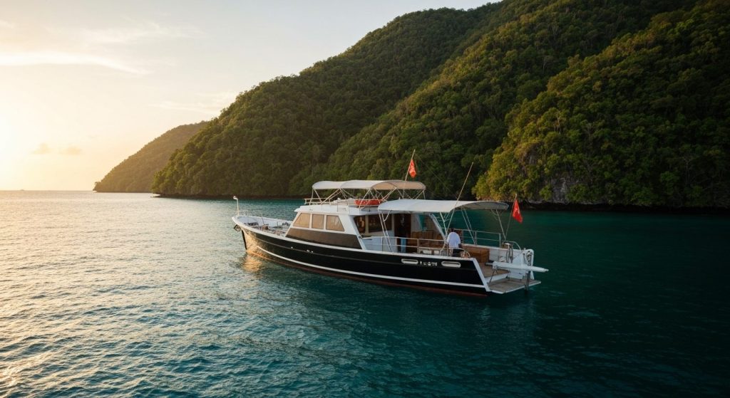 how much does yacht charter in raja ampat cost — Photorealistic editorial travel photograph relevant to: The exact-match
