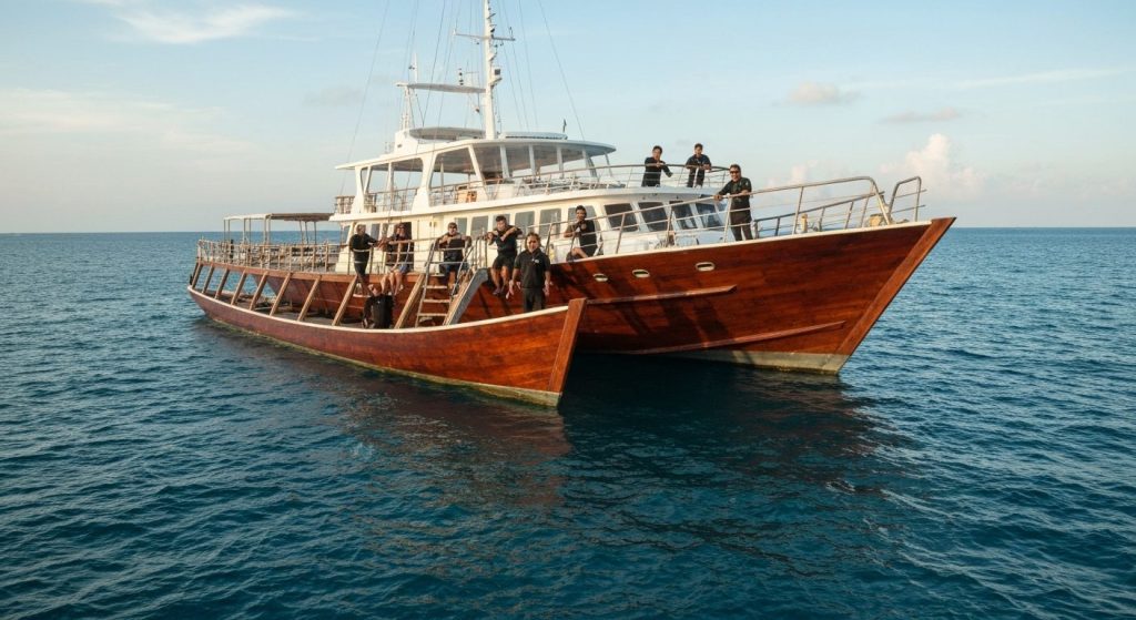 yacht charter crew captain chef dive master — Photorealistic editorial travel photograph relevant to: The exact-match au