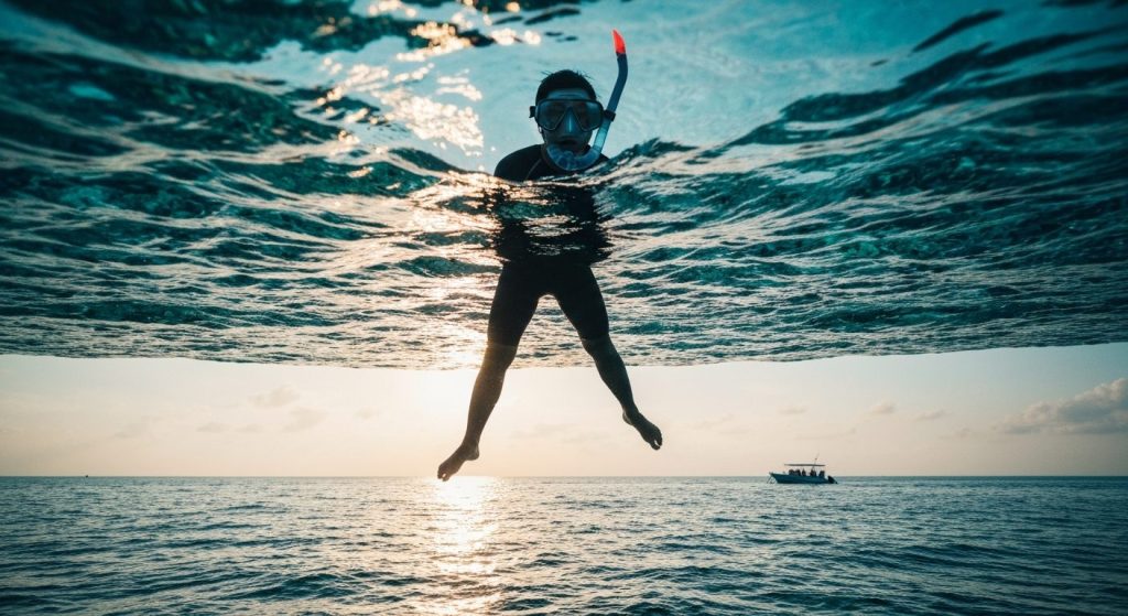 snorkeling vs diving raja ampat which is better — Photorealistic editorial travel photograph relevant to: The exact-matc