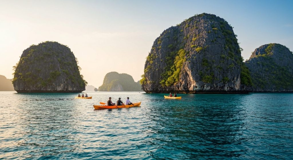 wayag karst islands kayaking snorkeling guide — Photorealistic editorial travel photograph relevant to: The exact-match