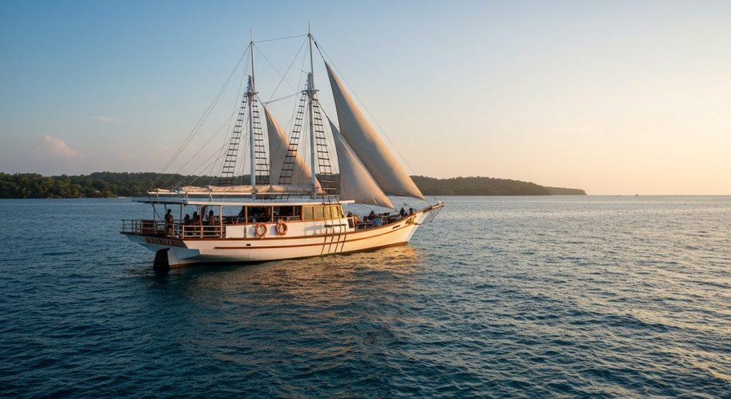 what is phinisi yacht traditional indonesian sailing — Photorealistic editorial travel photograph relevant to: The exact