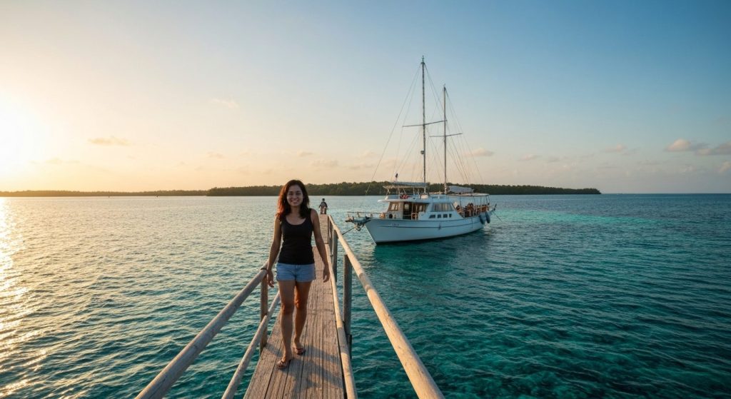raja ampat yacht charter what is included meals diving — Photorealistic editorial travel photograph relevant to: The exa