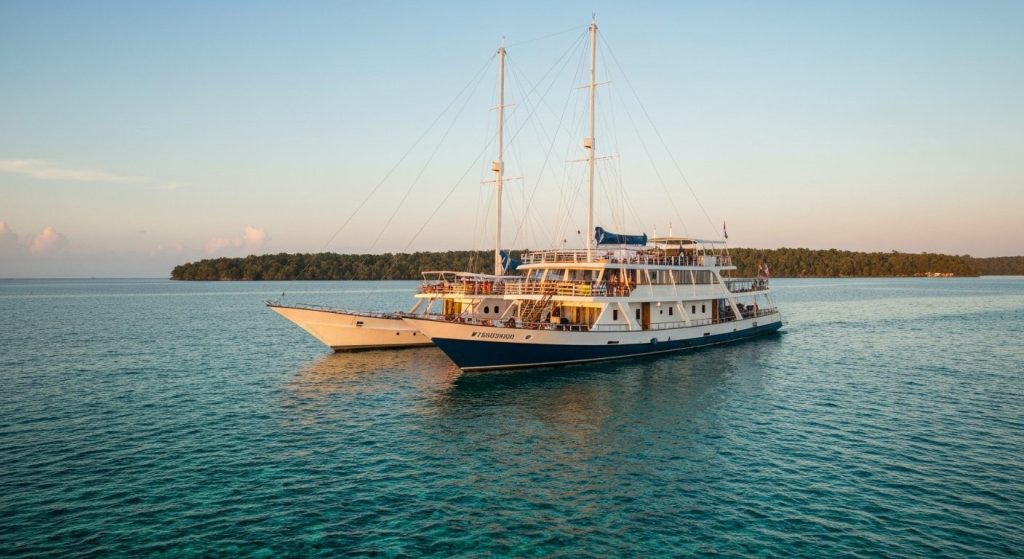 misool wayag piaynemo yacht expedition — Photorealistic editorial travel photograph relevant to: The exact-match authori